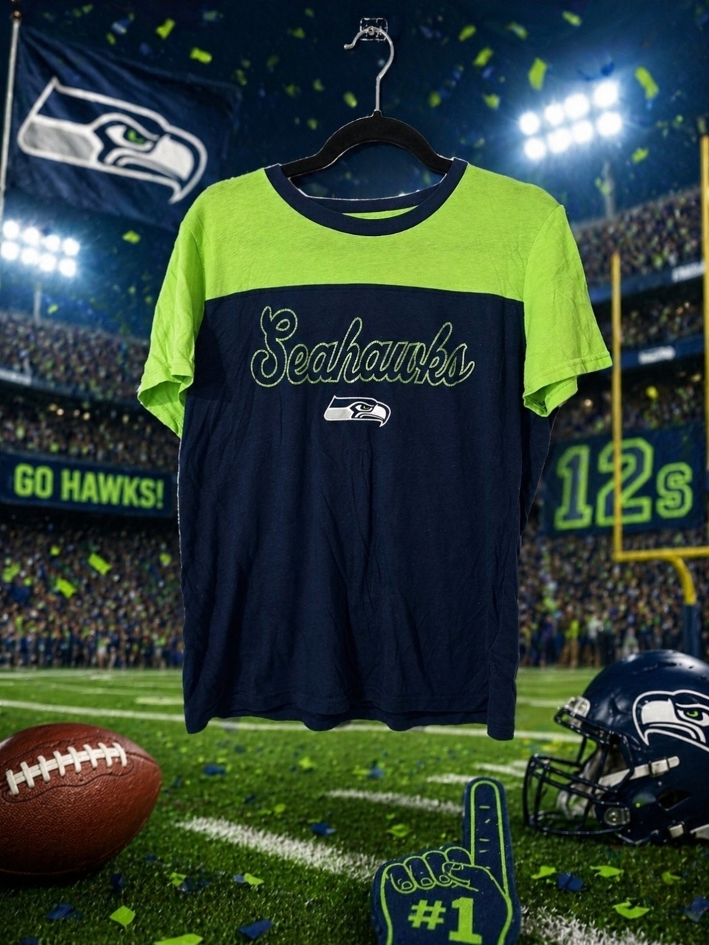 Womens Navy & Neon Green Seahawks Short Sleeve Tee